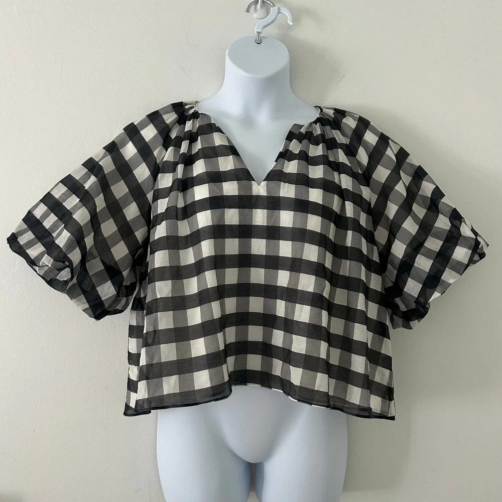 Madewell Women's Gingham Buffalo Plaid Bubble Sleeve Top Silk Blend 12 New